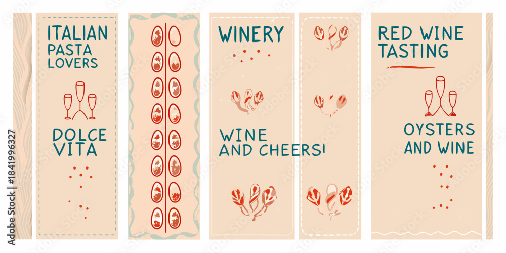 Naklejka premium Vintage style banners advertising italian food wine and oyster tastings