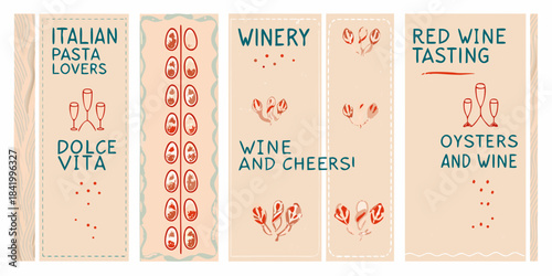 Vintage style banners advertising italian food wine and oyster tastings