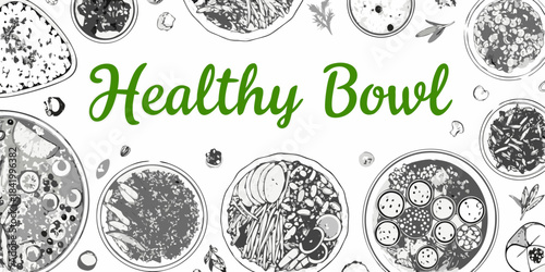 A collection of sketched healthy bowls with leafy greens and various ingredients