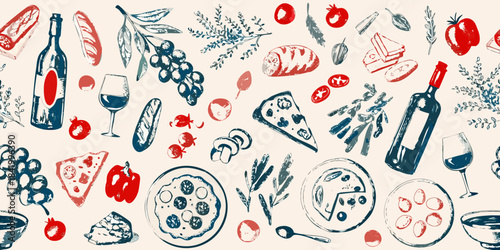 A delightful pattern showcasing various italian foods and wine elements