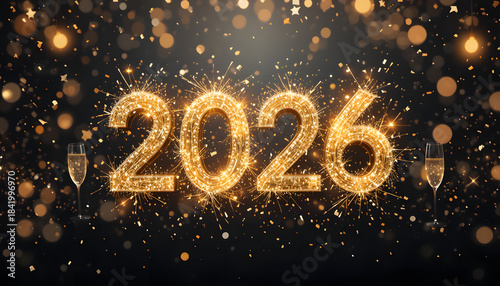 Sparkling Gold 2026 Typography on Elegant Black Background – Luxury New Year Celebration Poster with Glitter and Festive Glow