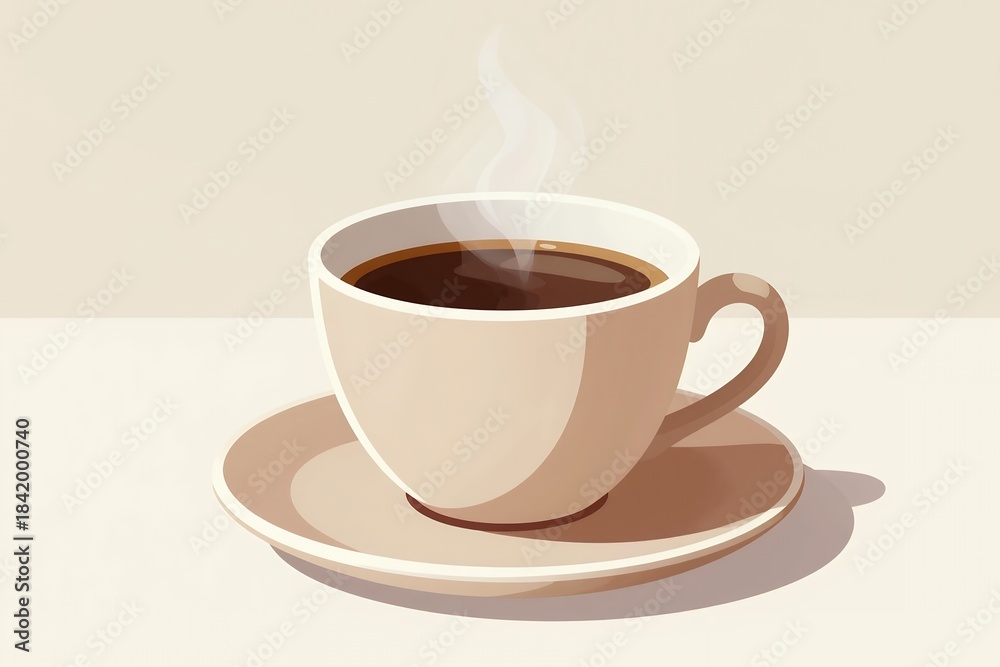 Fototapeta premium Steaming ceramic coffee cup on saucer in soft neutral lighting