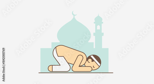 Muslim man praying in prostration on a rug with a mosque in the background, representing Islamic faith and devotion