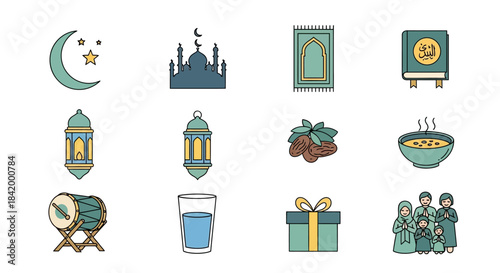 Ramadan Icons Set Islamic Symbols Crescent Moon Mosque Dates Prayer Mat Holy Quran Lantern Dates Bowl Gift Box Family