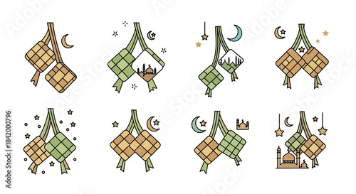 Festive Ketupat Illustrations Collection Elegant Line Art Designs Symbolizing Eid Celebrations and Southeast Asian Traditions, Adorned with Cultural Elements Like Moons, Stars, and Mosques
