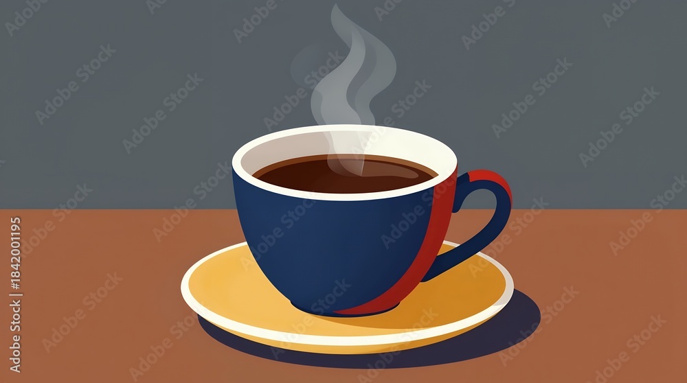 Obraz premium Steaming cup of dark coffee in a blue and red ceramic cup on a yellow saucer