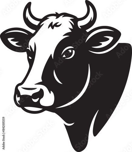 Black and white of a cow head with horns and a visible eye
