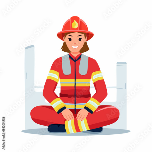 Brave female firefighter sitting calmly, depicted in a modern flat vector illustration style