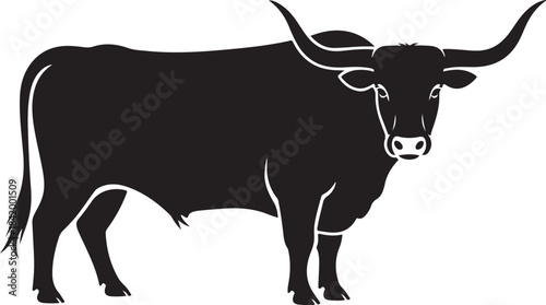 Black silhouette of a bull with long horns standing on all fours white