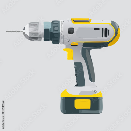 Realistic Illustration of a Cordless Power Drill with Battery Pack on a Plain Background