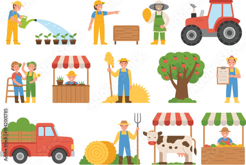 Cartoon farming illustration set featuring farmers, tractors, planting, harvesting, market stalls, livestock, beekeeping and agricultural activities for farm themed designs