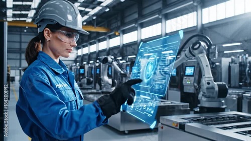 A female engineer in a factory interacts with a holographic interface to control a robotic arm, showcasing advanced industrial automation and smart manufacturing.