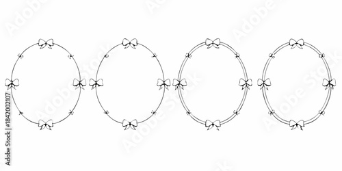 Four decorative circular frames with floral and bow elements black and white