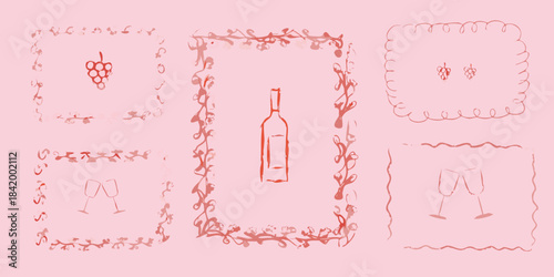 A collection of hand drawn wine themed frames and decorative elements in pink
