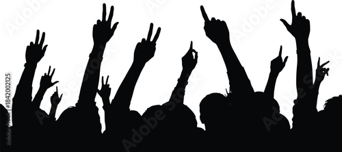 Black Silhouette Vector Illustration of an Excited Crowd with Hands Raised High, Figures Showing Peace and Victory Signs, Representing Concerts, Parties, Celebration, and Community Events
