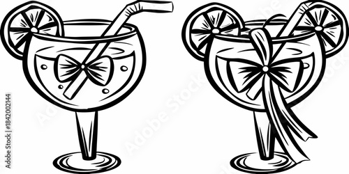 Black and white illustration of two ornate cocktails with citrus garnishes