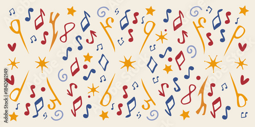 Colorful musical notes and symbols scattered across a light beige background