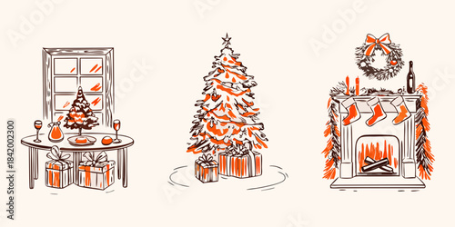 Festive holiday decorations including a christmas tree fireplace and window scene