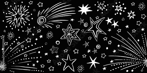 A whimsical black and white illustration of stars fireworks and celestial patterns