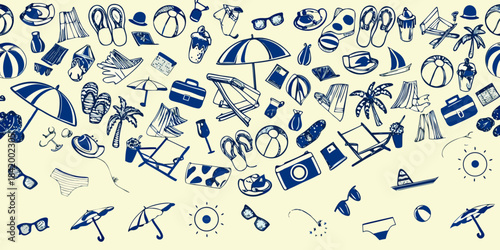 A charming summer pattern displaying various vacation and beach themed illustrations