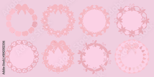 Delicate pink floral wreaths and bracelets arranged on a pastel background