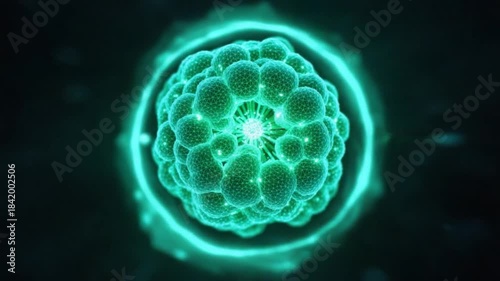 Microscopic Marvel: An ethereal glow surrounds a cell, its intricate structure and internal activity displayed in vibrant detail. It represents cellular composition and scientific wonders.