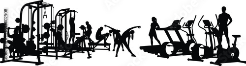 Black Silhouette Vector Set of People Exercising in a Gym, Including Weight Machines, Treadmills, and Warm-up Stretches, Representing Fitness, Health, and Workout Training Activities