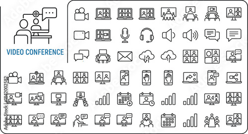 Video conference icons set showing online meeting, communication tools, virtual teamwork, remote work technology, collaboration symbols for digital office and business communication