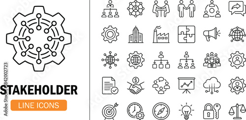 Stakeholder management line icons set showing teamwork, collaboration, business communication, corporate structure, leadership, organization chart, strategy, planning, outline illustration