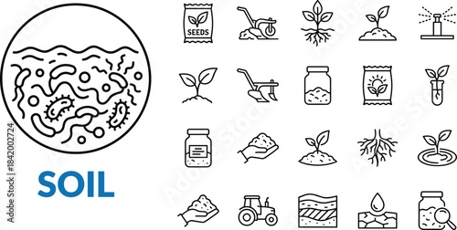 Soil microbiology and agriculture line icons set, plant growth symbols for farming, nutrition, seeds, roots, irrigation, cultivation and environmental science
