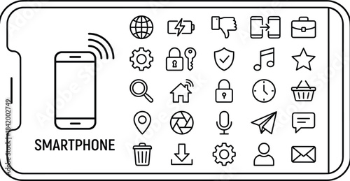 Smartphone mobile interface icons collection showing digital communication, app symbols, technology elements, online services, modern device outline design illustration set