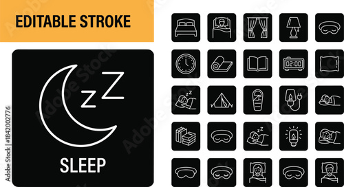 Sleep themed editable stroke vector icon set featuring night symbols, bedtime objects, relaxation elements, sleeping poses, sleep accessories and rest essentials
