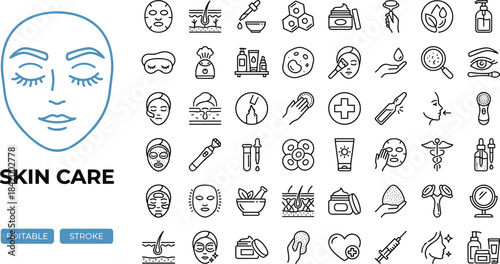 Skincare beauty line icons collection for facial treatment, cosmetic routine, spa therapy, dermatology care, wellness products, healthy skin illustration set