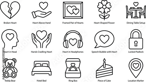 Romantic love themed vector icon collection with hearts, emotions, gifts, celebrations, relationships, perfect for Valentine’s Day digital design projects