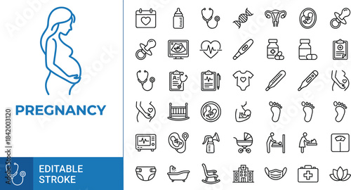 Pregnancy line icons set with maternity care, motherhood symbols, baby health essentials, medical elements, newborn preparation, editable stroke design illustration