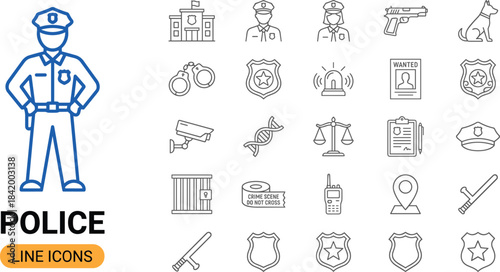Police line icon collection for law enforcement, crime investigation, security services, police equipment, patrol officers, public safety, justice system, and crime prevention designs