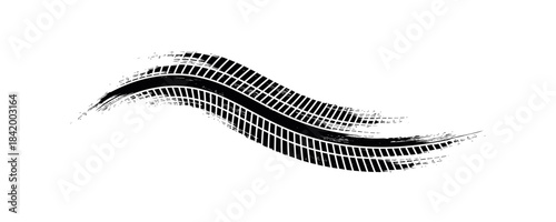 Tire track. Tyre mark of car, bike, motorcycle with grunge effect on white background. Wheel footprint, road element, dirty rubber protector pattern. Realistic vector illustration.