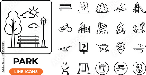 Park line icons featuring benches, trees, playground equipment, nature elements, outdoor activities, recreational symbols, minimalist design, family park facilities, urban greenery illustrations