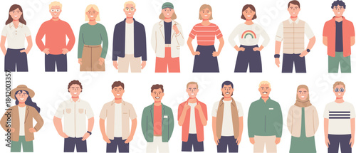 Collection of diverse characters in modern outfits, flat style people illustration set, multicultural men and women standing, inclusive community artwork design