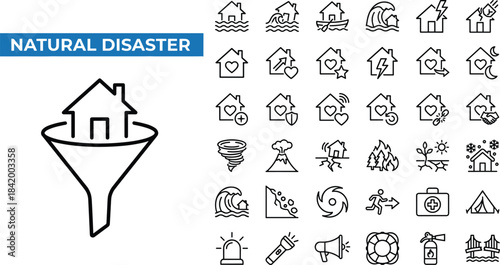 Natural disaster emergency icons illustrating floods, earthquakes, storms, wildfires, rescue symbols, safety preparedness, hazard management, evacuation and survival readiness