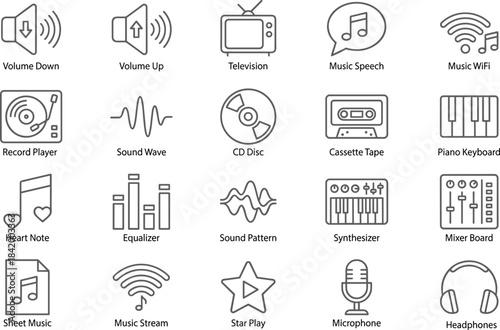 Music and sound icon set with audio equipment symbols, entertainment elements, media technology illustrations, modern line style music tool collection, vector design