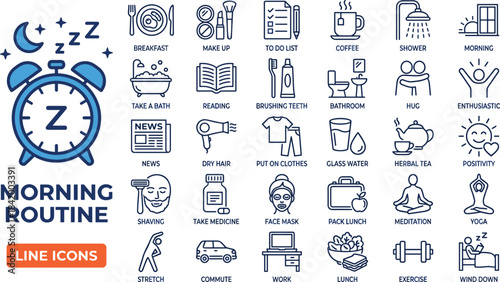 Morning routine line icon set featuring daily habits, self-care activities, wellness practices, productivity tasks, healthy lifestyle symbols for modern design projects