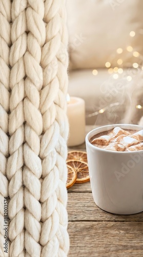 Cozy winter scene with hot chocolate and knitted blanket
