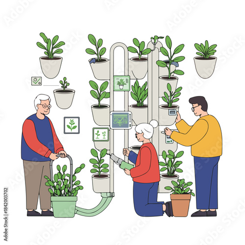 Multi-Generational Family Cultivating a Smart Vertical Garden for Sustainable Urban Living