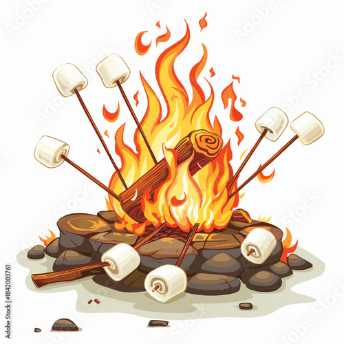 Marshmallows roasting on a campfire flames illustration for recreation and leisure