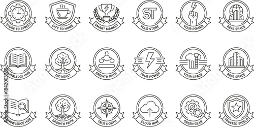 Urban icons, business emblems, smart city badges, technology symbols, retail graphics, growth concepts, trusted shield, cloud nine, green gear, knowledge hub