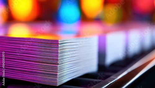 Stack of printed materials with colorful blurred background.