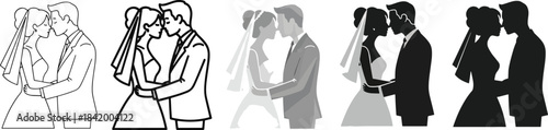 Five diverse illustration styles showcasing a romantic bridal couple in various artistic renderings