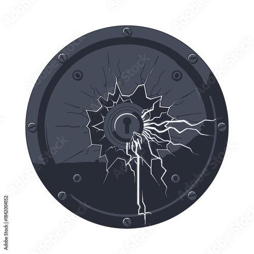 A cracked and broken circular metal shield with a keyhole at its center, symbolizing vulnerability and damage.