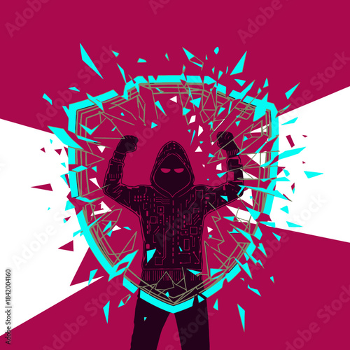 Silhouette of a hooded figure with glowing red eyes shattering a digital shield, symbolizing cyber attack and data breach.